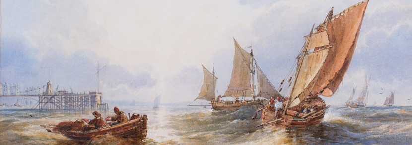 Charles Bentley 6 Off Brighton’ (Seascape with Fishing Vessels off the Chain Pier), 19th century watercolour, signed, 30.5cm x 50cm, within a titled mount and gilt frame