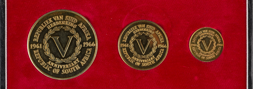 South Africa gold three-coin set commemorating the ‘Fifth Anniversary of the Republic of South Africa 1961-1966’