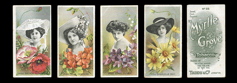 A set of 25 Taddy 'Actresses with Flowers' cigarette cards, circa 1899.