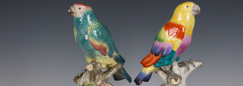 Two ormolu mounted Meissen porcelain parrots