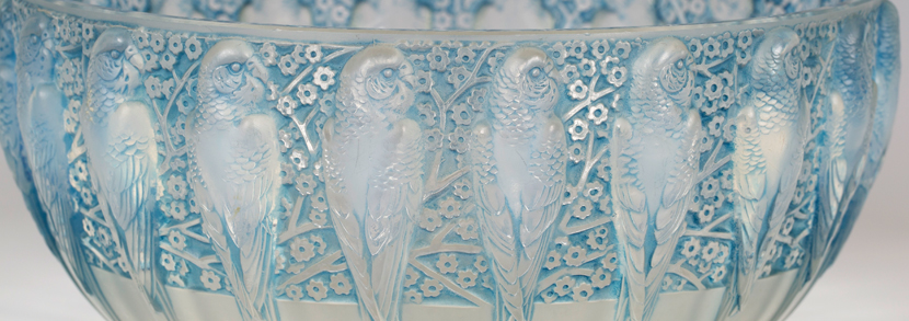 Art Deco Lalique opalescent glass Perruches pattern bowl