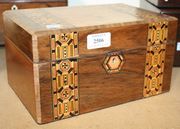 A Victorian walnut work box with Tunbridge ware style banded decoration, and two Victorian rosewood work boxes (restoration).