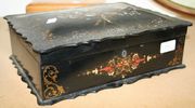 A Victorian papier-mâché work box with mother-of-pearl inlaid decoration and a Mauchline ware box with titled view of 'The Wish Tower, Eastbourne'.