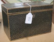 A Victorian 'Bills' box, the rectangular top with two labelled slots, 'Bills Paid' and 'Bills Unpaid', decorated with overall geometric gilt decoration on a black ground, width approx 23cm.