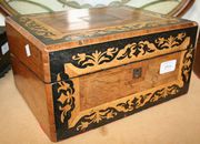 A Victorian walnut and inlaid writing slope, a bone inlaid box and four other boxes.