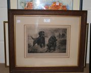 After N. Drummond - Hunting Dogs within a Landscape, early 20th Century monochrome print, signed in pencil, within an oak frame, together with a collection of decorative pictures and prints.