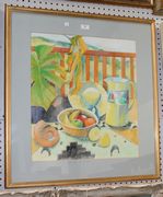 Susan Rae - 'Still Life at Noela's', late 20th Century acrylic and pastel, Thackeray Gallery label verso, approx 54cm x 49.5cm, within a signed, titled and dated mount and gilt frame.