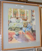 Susan Rae - 'Interior with Wooden Drum and Cockerel', acrylic and pastel, signed, titled and dated '87 recto, Thackeray Gallery label verso, approx 56.5cm x 49cm, within a signed, titled and dated mount and wood frame.