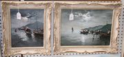 Ngai Sing - Study of Chinese Junk Boats in Calm Coastal Waters with a Figure wearing Traditional Costume carrying Provisions, 20th Century oil on canvas-board, signed, approx 29cm x 23.5cm, within a gilt and painted frame, together with another similar oil on canvas-board by the same hand. 