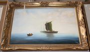 R. Witchard - Rowing Boat approaching Moored Sailing Vessels on Calm Waters, 20th Century oil on canvas, signed, within a gilt frame.