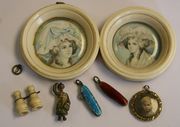 A Stanhope lens in the form of a pair of ivory binoculars, a cold painted bronze figure, two enamelled miniature pocket knives, a gilt metal locket pendant and two ivory framed miniatures.