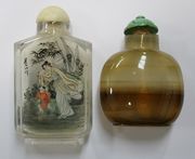 A Chinese banded agate snuff bottle, probably 19th Century, of flattened circular form, height approx 5.3cm, with turquoise stopper, together with an inside painted glass snuff bottle.
