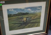 After Michael Turner - 'Augsburg Eagle' (Messerschmitt Bf 109Es of JG26 taking off from an Airfield in Northern France in the Summer of 1940, led by Adolf Galland), late 20th Century colour print, signed and editioned 445/500 in pencil to mount by the artist and Adolf Galland, approx 42cm x 51cm, within a wood frame.