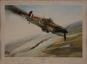 After Robert Taylor - 'Battle of Britain VC' (James Nicolson in his Blazing Hurricane, a Messerschmitt in Flames beyond), late 20th Century colour print, signed in pencil by thirty-one Second World War veterans, including John Cunningham, Peter Townsend, Mickey Mount, Johnnie Johnson, Peter Brothers, Geoffrey Page, Donald Stone and H. Bird-Wilson, approx 37.5cm x 51cm, in a wood frame. 