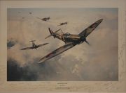 After Robert Taylor - 'Head On Attack' (David Scott-Malden leading 605 Sqn. Spitfires through a Large Gaggle of ME 109s), signed and editioned 487/990 in pencil to mount by the artist and thirty-two Second World War veterans, including Geoffrey Page, Roger Hall, Hugh Dundas, H.A.V. Hogan, Dennis David and Graham Draper, approx 39cm x 52cm, in a wood frame.