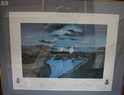 After John Larder - 'Operation Chastise' (Lancasters on Dams Raid), late 20th Century colour print, special edition 85 of 250, signed in pencil by seven Second World War veterans, including Scott Anderson, approx 47cm x 62cm, within a wood frame, together with a colour print after Dugald Cameron, Profile Study of Lancaster B.III(Special) ED932 'AJ-G', signed in pencil by Leonard Cheshire VC, approx 27cm x 42cm, within a wood frame, and a colour print after E.A. Mills, 'Towards Victory' (Handley Page Halifax taking off), signed in pencil to mount by the artist and Frank Appleby 617 Sqdn, approx 40cm x 59cm, within a wood frame.