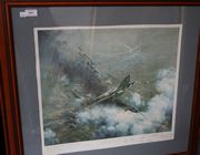 After Frank Wootton - 'Battle over London 1940' (RAF Fighters engaging Enemy Aircraft), late 20th Century coloured print, limited edition of 1250, signed in pencil to mount by the artist and seven pilots, including H. Bird-Wilson, R. Doe, Dennis David, Alan Deere and Tom Cleave, approx 49cm x 55cm, within a wood frame, together with another colour print after Frank Wootton, 'Bader Bale-Out' (Douglas Bader about to leave his Stricken Spitfire), limited edition number 620 of 850, signed in pencil to mount by the artist and Douglas Bader, approx 50cm x 59cm, within a metal frame, and a colour print after Gerald Coulson, 'Johnny Comes Home' (Johnnie Johnson's Spitfire Mk IX JEJ flying above Clouds), signed in pencil to mount by the artist and Johnnie Johnson, approx 60cm x 76cm, within a wood frame. 