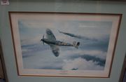 After Robert Taylor - 'Angels Three Zero' (Bobby Oxspring's 66 Sqn. Spitfire with a Flaming ME 109 of JF/53 Ace of Spades Group and Falling Pilot beyond), late 20th Century colour print, signed and editioned 596/990 in pencil to mount by the artist and Bobby Oxspring, approx 38cm x 52cm, in a wood frame.