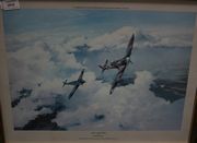 After Robert Taylor - 'Duel of Eagles' (Douglas Bader and Adolf Galland in their Aircraft above the Clouds over Northern France 1941), late 20th Century colour print, signed in pencil to mount by Adolf Galland and Douglas Bader (faint), approx 33cm x 47cm, in a wood frame. 