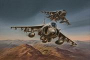 Wilfred Hardy GAvA - 'Kosovo Air Cover' (Two RAF Harrier GR7s flying over Mountainous Terrain), late 20th Century gouache, signed 'Hardy' and dated 99, titled to associated label verso, approx 34cm x 50cm, within a wood frame. 