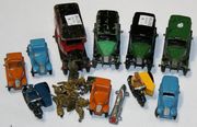 Three Dinky Toys No. 36g taxis with drivers, a No. 34b Royal Mail van, five other cars, an AA patrol, a police patrol and a small collection of army figures.