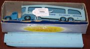 A Dinky Toys No. 982 Pullmore car transporter, boxed (some paint chips, box creased and scuffed), and a loading ramp (rust spots and scratches).