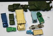 A small collection of Dinky Toys and Dinky Supertoys vehicles, including a No. 165 Bristol 450, a Morris 10cwt van 'Capstan', a No. 660 Mighty Antar and a Centurion tank (10) (playwear).