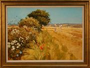 John Haskins - 'By the Cornfield' (View of the Sussex Downs with Figures harvesting near Onlooking Children), 20th Century oil on board, signed recto, titled gallery label verso, approx 48.5cm x 68.5cm, within a gilt frame.
