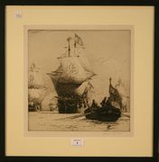 Norman Wilkinson - The Return of the Plate Fleet, monochrome etching, signed in pencil, approx 33cm x 32cm.