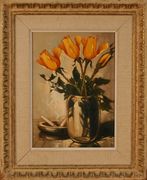Jan B. Pospisil - Still Life Study of Yellow Roses in a Glass Vase beside Cigarettes in an Ashtray, 20th Century oil on canvas, signed, approx 32cm x 23cm, within a painted frame.
