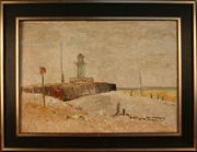 John Kitchen - Beach Scene with Lighthouse, oil on canvas, signed and dated '78, approx 50.5cm x 71cm.