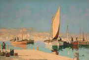 C.R. D'Oyly-John - 'Cap d'Antibes' (Moored Sailing Boats beside a Quay), 20th Century oil on canvas, signed recto, titled Aldridge Bros gallery label verso, approx 43cm x 64cm, within a painted textured frame.