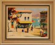 C.R. D'Oyly-John - 'Flower Stall, Cap Ferrat', 20th Century oil on canvas, signed recto, titled recto, titled label verso, approx 29cm x 39cm.