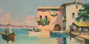 C.R. D'Oyly-John - 'St Maxime near St Tropez, French Riviera', 20th Century oil on canvas, signed recto, titled label verso, approx 34cm x 69.5cm.