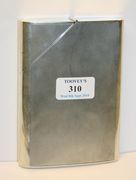 An Art Deco silver hip flask of curved rectangular form with overall engine turned decoration, one corner hinged to reveal a screw hinged cover, London 1939 by JCL, length approx 14cm.