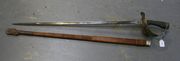 A 1912-pattern cavalry officer's sword by Hawkes and Co, No. 8113, with straight single edged blade, length approx 87cm, etched with GRV cypher, foliate scrolls, etc, plated steel knuckle bowl and fishskin covered grip (blade with areas of rust, hilt plating worn, grip wire missing), in its leather covered wooden scabbard (defective).