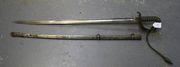 A Victorian 1857-pattern Royal Engineers officer's sword by Pillin, with slightly curved single edged blade, length approx 82.5cm, etched with VR cypher, field gun, 'Royal Engineers', 'W de WA' surmounted by lion torso holding globe, foliate scrolls, etc, brass foliate scrolled hilt with wire bound fishskin covered grip, bullion knot and steel scabbard (tarnished overall, scabbard dented).