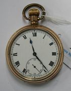 A gilt metal cased keyless wind open-faced gentleman's pocket watch, with a jewelled Swiss lever movement, the enamelled dial with black Roman numerals and subsidiary seconds.