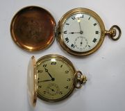 A gilt metal keyless wind hunting cased gentleman's pocket watch, the gilt dial with Arabic numerals, subsidiary seconds and blued steel hands, and another gilt metal keyless wind hunting cased gentleman's pocket watch.