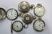 A silver keyless wind hunting cased gentleman's pocket watch, with an unsigned movement, the case detailed 'Omega', a silver hunting cased gentleman's pocket watch, London 1927, two keyless wind half hunting cased gentlemen's pocket watches, and two keywind open-faced gentlemen's pocket watches.