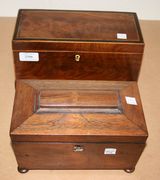 A George III figured mahogany tea caddy with a crossbanded lid, a Regency rosewood tea caddy and two further boxes.