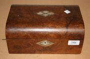 A late Victorian walnut work box with mother-of-pearl and abalone inlay.