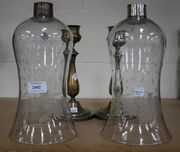 A pair of late 19th/early 20th Century plated Christofle stem lanterns with etched glass shades (faults).