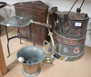 A 19th Century brass trivet, a pestle and mortar, a wall light, a tin bargeware jug and a small hanging corner cabinet.