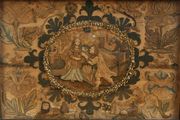 A 17th Century fine needlepoint, stumpwork and appliqué panel with an oval reserve of a lady and gentleman within an Eastern landscape with a camel and fountains, a palace in the distance, emblematic of the Queen of Sheba and attendant, all contained within a stylized garden with lion, stag, rabbit, dog and insects, worked in a variety of stitches and finishes, including gilt and purlwork, chenille and silk threads, on a cream satin ground, approx 33cm x 49cm, within a faux tortoiseshell moulded frame.