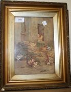 A mid-19th Century silk thread panel with a design of chickens outside a farm building, probably manufactured by Tugwell, an early member of the sewing machine trade, approx 24cm x 17cm, within a gilt frame.