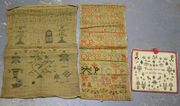 A late 18th Century alphabetical and numerical needlework band sampler by Jean Pirrie, 1792, worked with coloured wools in cross and hole stitch, approx 43cm x 20cm, together with another late 18th Century needlework sampler bearing the name Pirrie and a Regency needlework sampler by Jane Pirrie.