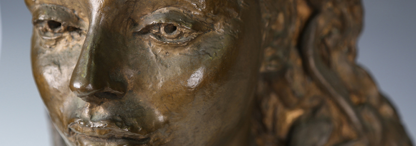 Jacob Epstein - a brown patinated cast bronze head and shoulders portrait bust of Sandra Dorne