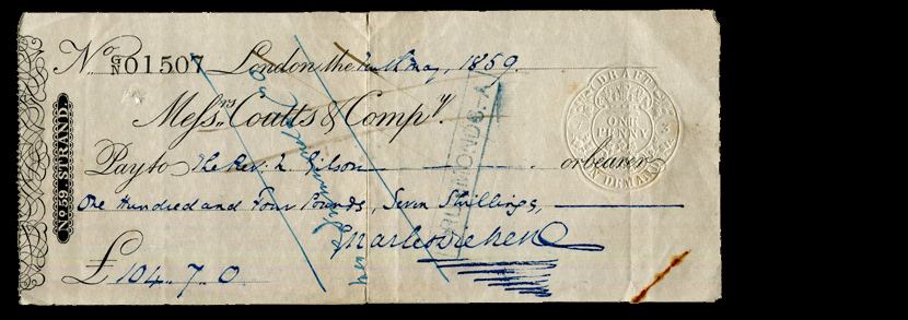 Coutts cheque signed by Charles Dickens and dated May 1859,