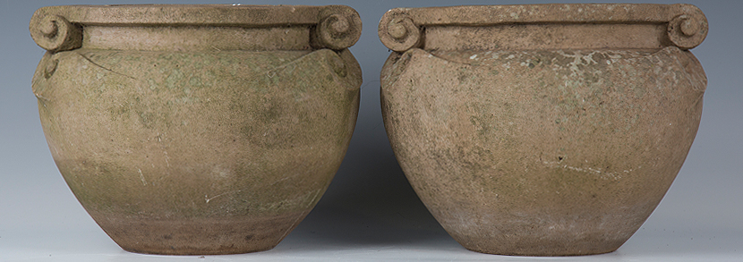 Compton Pottery terracotta scroll pots, after a design by Gertrude Jekyll